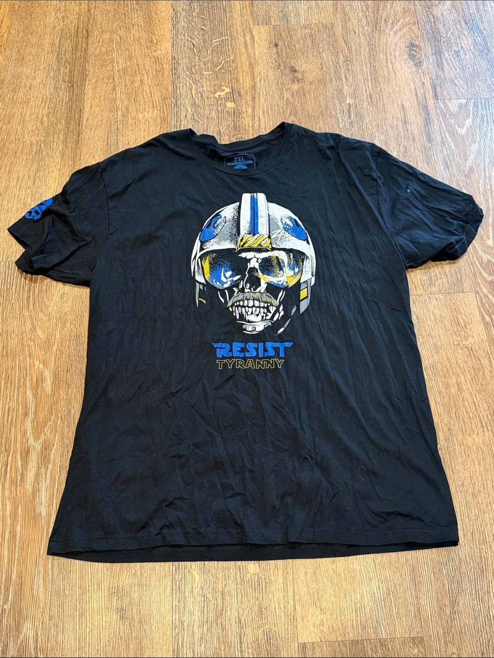 Resist Tyranny Skull Graphic Tee - Black with Blue & Yellow Accents